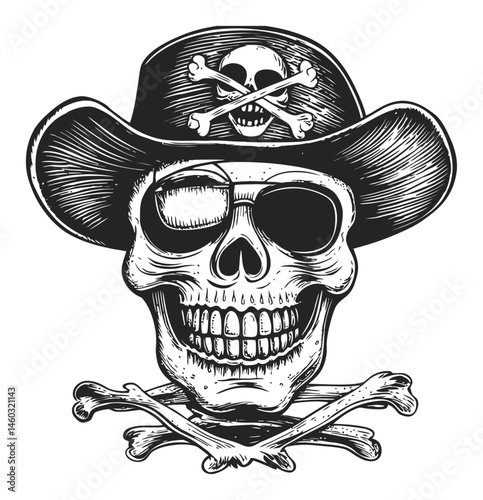 Detailed Pirate Skull Illustration with Hat and Crossbones Design