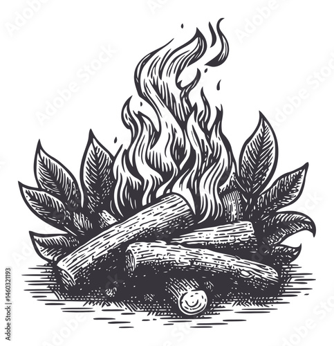 Detailed Illustration of Firewood and Flames with Leaves in Background