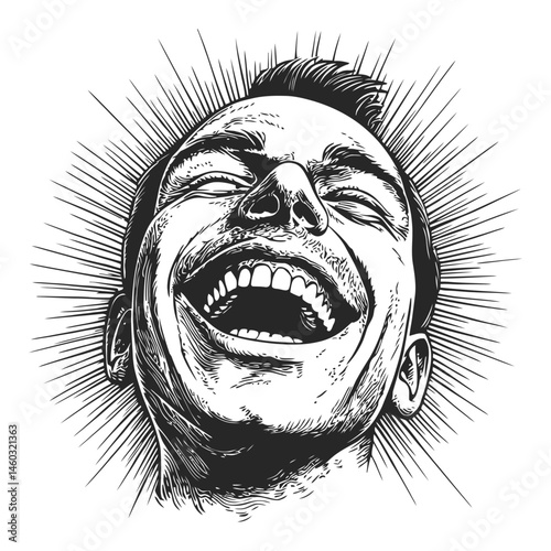 Joyful Illustration of a Man Laughing with Radiating Lines