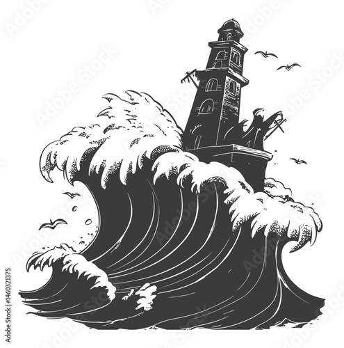 Dramatic Lighthouse Overwhelmed by Surging Ocean Waves Illustration