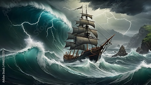 Majestic Tall Ship Navigates Furious Tempestuous Seas Amid Crashing Waves and Crackling Lightning