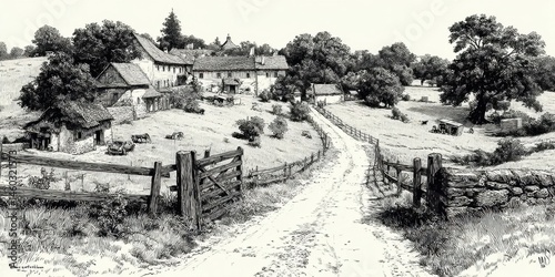 Hand-Drawn Black and White Farm Landscape Sketch