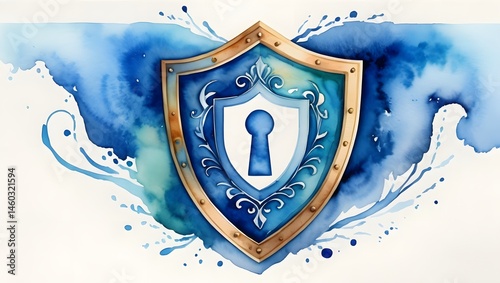 Ornate Watercolor Shield with Locked Keyhole Design for Digital Art or