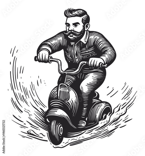 Vintage Illustration of a Man Riding a Scooter with Water Splash