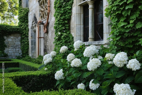 Lush gardens featuring white hydrangeas in front of an ivy-covered historic building create a peaceful atmosphere in this timeless outdoor setting