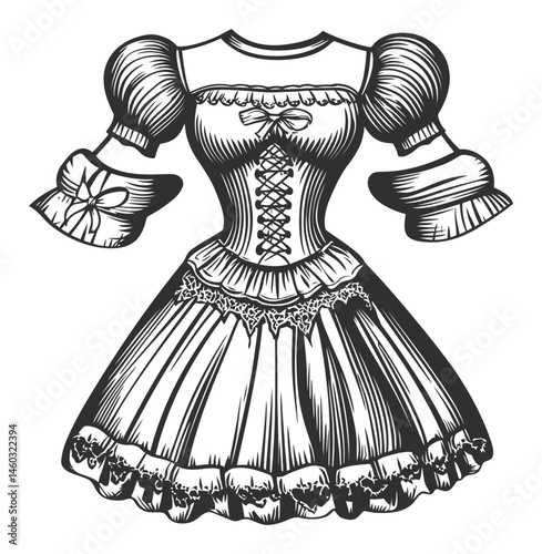 Vintage Inspired Dress Illustration with Puff Sleeves and Lace Detail
