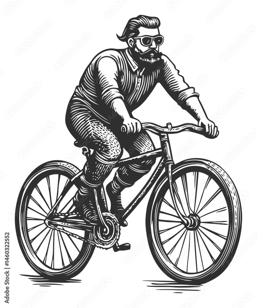 Naklejka premium Vintage Bicycle Rider Illustration with Bearded Man in Sunglasses