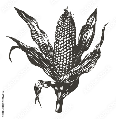 Detailed Illustration of Corn on the Cob with Leaves and Stalk