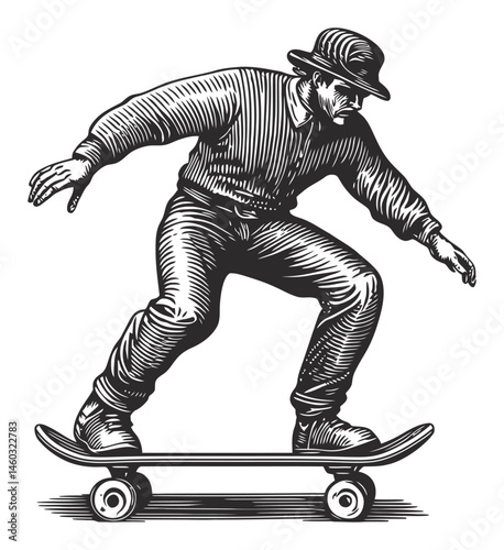 Vintage Illustration of a Man Skating on a Skateboard in Action