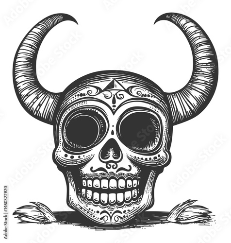 Detailed Illustration of a Skull with Horns and Ornate Design Elements