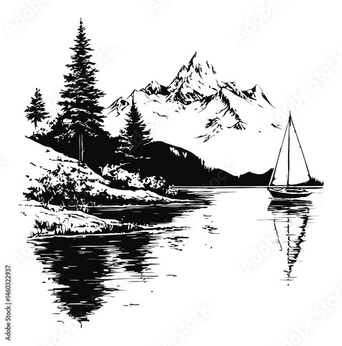 Serene Mountain Landscape with Sailboat and Pine Trees in Black and White
