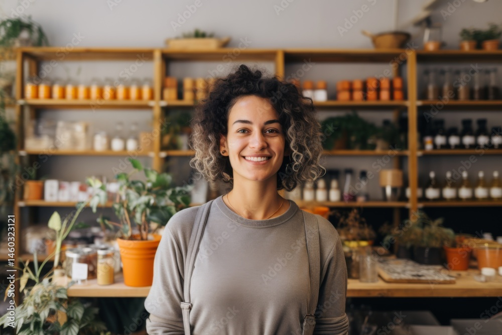 portrait of a Smiling customer standing by rack at zero waste store portrait of a Smiling customer standing by rack at zero waste store