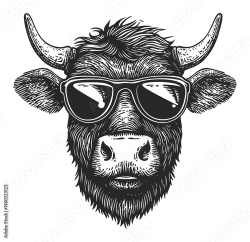 Stylish Cow Wearing Sunglasses in Vintage Black and White Illustration