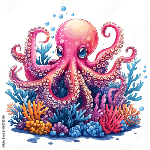 Cartoon Octopus Hiding in Coral Oceanic Blues Isolated on Transparent Background