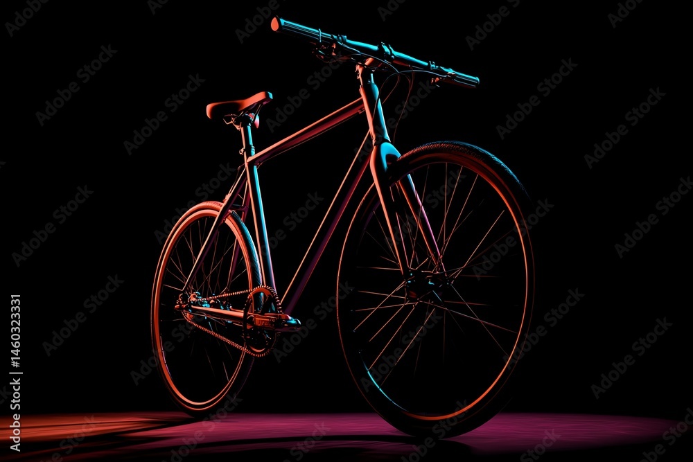 Fototapeta premium modern bicycle leaning on invisible wall, isolated object shot with dramatic lighting on black background