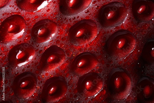 Extreme closeup of red fruit surface with textured seeds