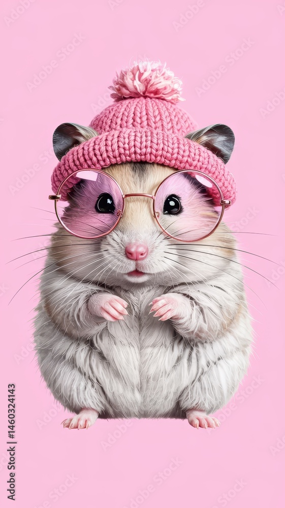 Fototapeta premium Fluffy hamster in pink hat and glasses posing for cute studio portrait
