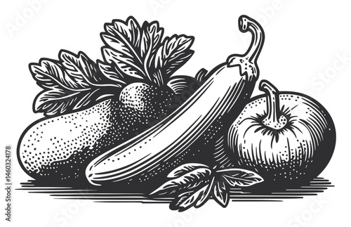 Vintage Illustration of Fresh Vegetables and Fruits in Black and White