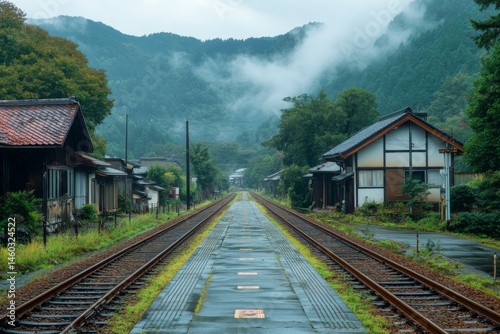 Old railway station in rural village with tracks and misty background