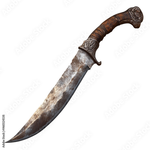 Rustic pirate cutlass with a weathered blade and knuckle guard, isolated on a transparent background