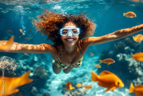 A pretty and sexy happy young woman with long hair in a swimming mask and fins snorkeling among the corals. A dense school of silver fish swims next to her. Bright commercial style image.