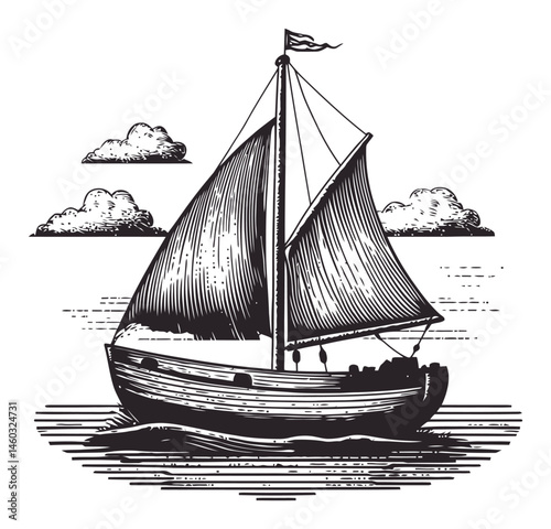 Vintage Sailing Boat Illustration with Clouds and Waves Design