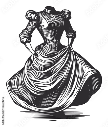 Elegant Dress Illustration in Classic Vintage Style for Designers