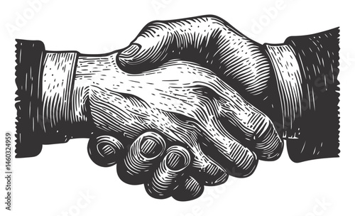 Vintage Handshake Illustration in Detailed Black and White Style