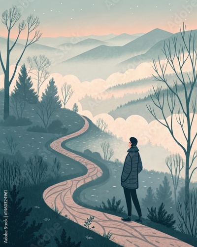 A person navigating a challenging hiking trail pausing to appreciate the scenic view symbolizing the importance of optimism and finding joy in the journey not just the
