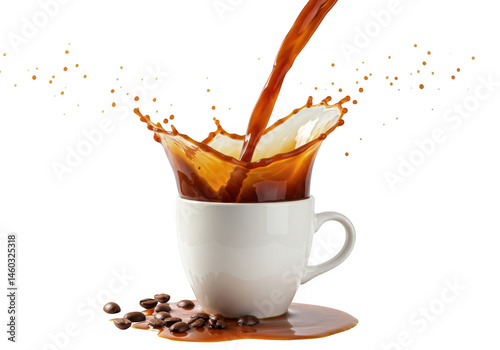 Pouring fresh brew into a white mug creating splash photography on transparent background