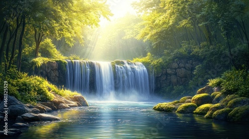 Lush waterfall cascading into serene pool