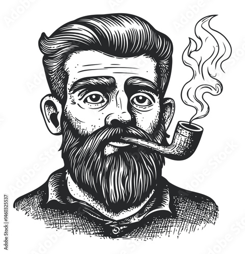 Vintage Hand-Drawn Illustration of Bearded Man with Smoking Pipe