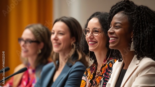 Group of four diverse women smiling at an event with microphones in front of them on a panel stage