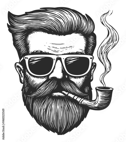 Stylish Vintage Man with Pipe and Sunglasses in Black and White Illustration