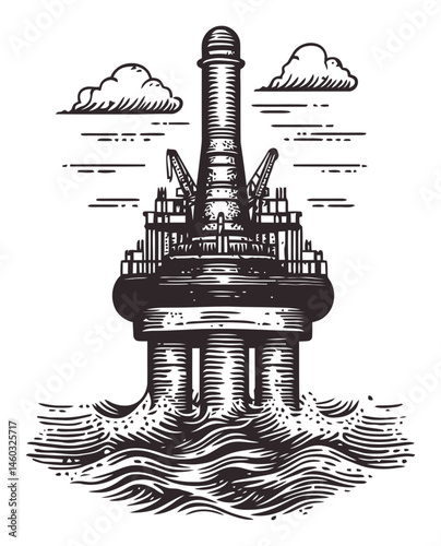 Detailed Illustration of an Offshore Oil Rig Surrounded by Waves
