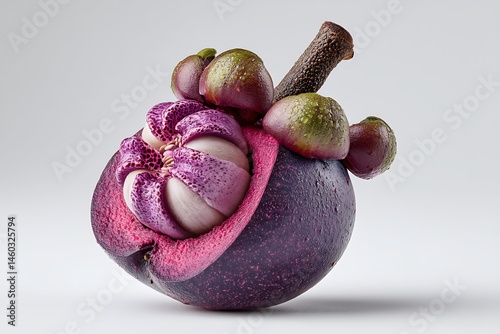 A ripe mangosteen with its smooth purple skin and fresh interior, isolated on a crisp white backdrop
