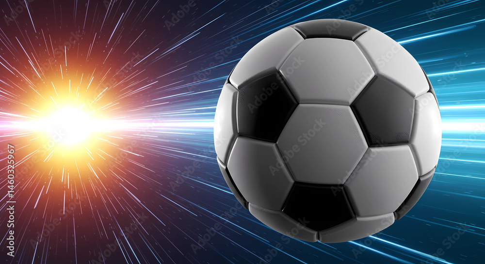 Naklejka premium A football against a backdrop of fast-moving motion across a cosmic space enhances the sense of speed and depth.