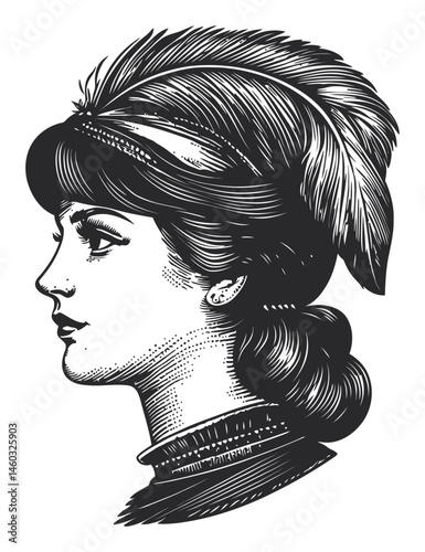 Vintage Woman Profile with Ornate Feather Headpiece Illustration