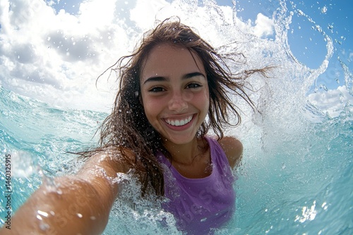 Pretty and hot happy brazilian young woman in purple tight t-shirt enjoying turquoise sea, splashes around her. Bright Ñommercial style. Happy stress-free travel getaway visual idea.