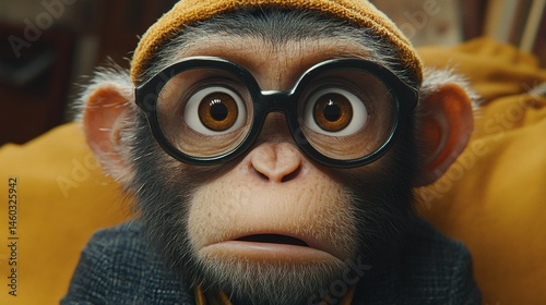 Intense portrait of a monkey wearing a beanie and glasses with an inquisitive facial expression looking forward