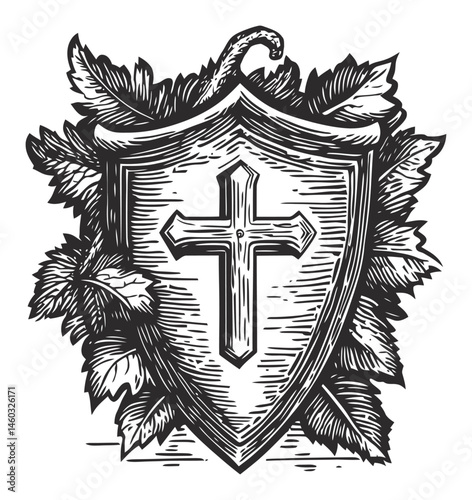Vintage Shield Design with Cross and Leaves Illustration