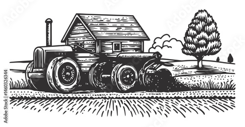 Vintage tractor and barn with tree in countryside landscape illustration