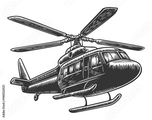 Detailed Black and White Helicopter Illustration in Vintage Style
