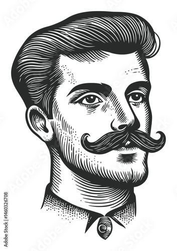 Vintage Hand-Drawn Illustration of a Man with a Mustache and Hair