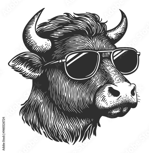 Cool Bull Illustration with Sunglasses, Retro Style Design