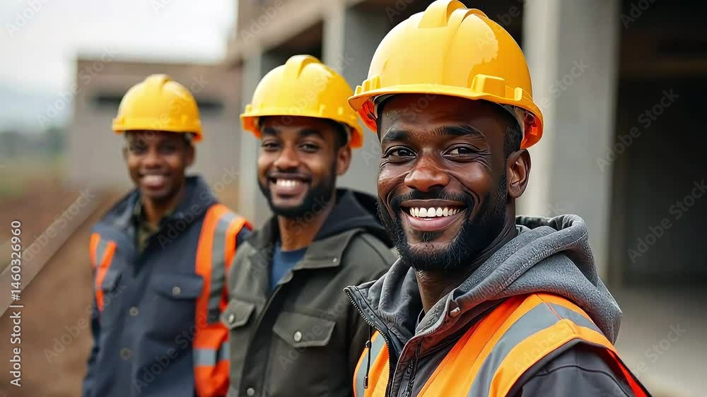Construction workers in hard hats working on construction site outdoors, builders smiling, teamwork concept, building industry Construction workers in hard hats working on construction site outdoors, builders smiling, teamwork concept, building industry