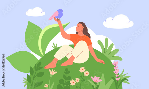 Concept of ecology. Girl sitting in a clearing among grasses and flowers