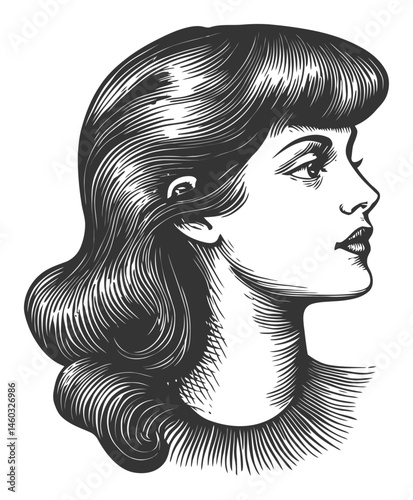 Elegant Vintage Illustration of a Young Woman with Stylish Hair