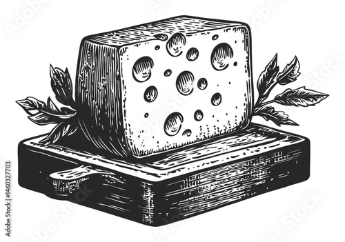 Hand-drawn Illustration of Cheese on Cutting Board with Herbs
