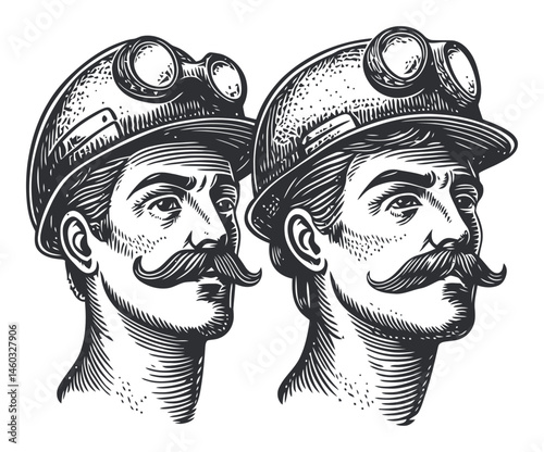 Vintage Miner Portraits with Helmets and Classic Mustaches